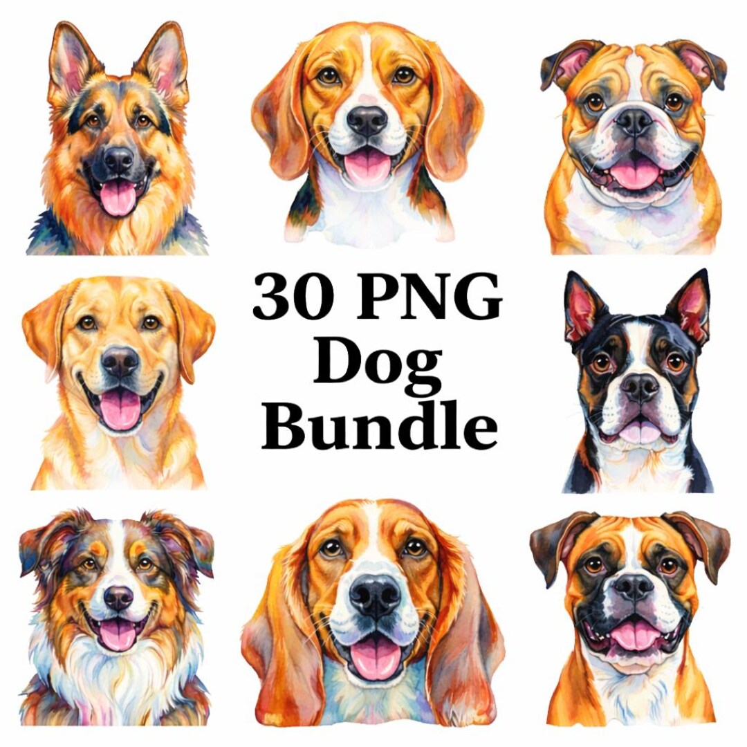 Dog Sublimation PNG Bundle – 30 Watercolor Dog Clipart Portraits ...