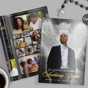 6 Pages Black & Gold Funeral Program, In Loving Memory Obituary Program, Memorial Program, Celebration of Life, Canva, Obituary, Funeral