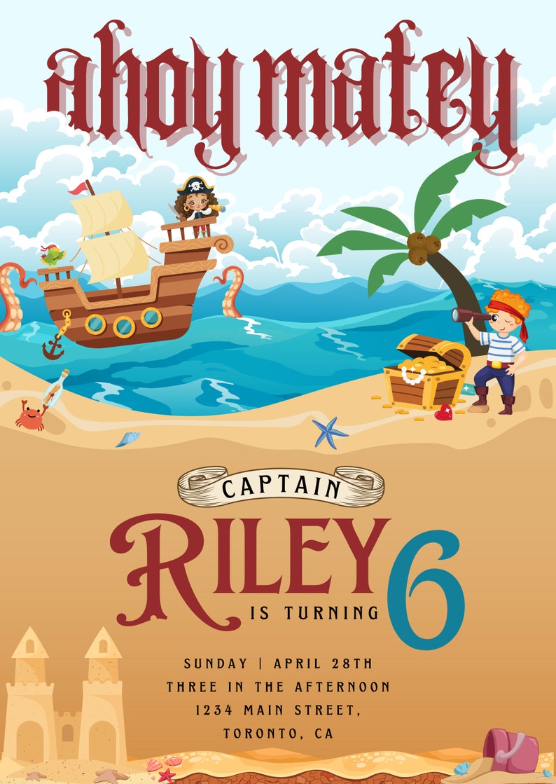 Editable and Printable Kid's Pirate-themed Birthday Invitation Card ...