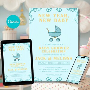Modelo de cartão de convite para chá de bebê azul Ano Novo, convite para festa de fim de ano, chá de bebê de janeiro, minimalista, futuros pais, chá de bebê