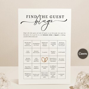 Hoja de bingo para encontrar al invitado, juegos para la recepción de bodas, juegos divertidos para invitados, bingo para invitados, encontrar al invitado, juegos de fiesta, Canva