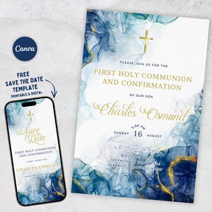 Dunkelblaue erste heilige Kommunion einladen, Canva, Einladungsvorlage zur Konfirmation und Kommunionfeier