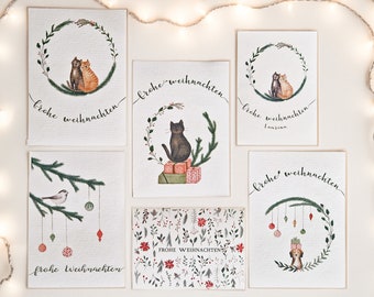 Tarjetas navideñas pintadas a mano con gatos, perros o pájaros, ¡para saludos especiales!