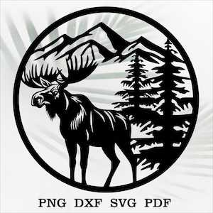 Elch Szene Dxf Tiere Schneidedatei für Laser Dxf Laser Dekor Cnc Metall Wand Dekor svg für Cricut Abziehbild Papierschnitt Vorlage Holz Kunst graviert Berg