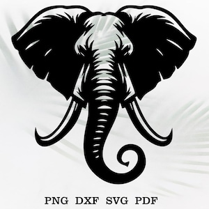 Peut inclure: Silhouette noire et blanche de la tête d'un éléphant avec de grandes oreilles et des défenses. La trompe de l'éléphant est enroulée en forme de spirale.