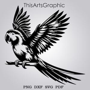 May include: Black and white graphic of a parrot with outstretched wings, perched on a branch. The parrot's feathers are detailed, and the image includes the text "ThisArtsGraphic" and file type options: PNG, DXF, SVG, and PDF.
