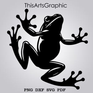 May include: Black silhouette of a frog with outstretched limbs. The frog is depicted in a stylized, graphic design. The image includes the text "ThisArtsGraphic" at the top and "PNG DXF SVG PDF" at the bottom.