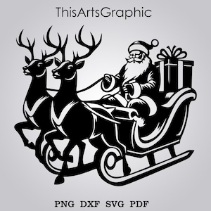 May include: Black and white graphic of Santa Claus in a sleigh pulled by two reindeer. Santa is holding the reins, and there is a wrapped gift in the sleigh. The text "ThisArtsGraphic" and "PNG DXF SVG PDF" are also present.