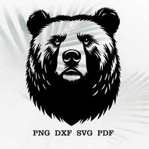 May include: Black and white silhouette of a bear's head with a serious expression. The bear has a thick coat of fur and a prominent nose.