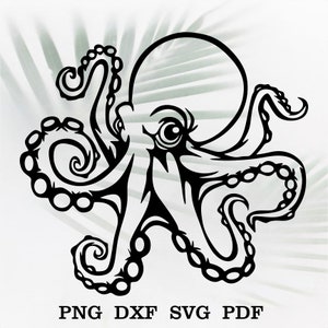 Pulpo Svg Cortar Archivo depredador svg, animales del océano marino Siluetas archivo dxf Archivos para Cricut, Clip art, Vinilo pescador Calamar Kraken cnc