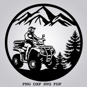 May include: Black and white silhouette of a person riding a quad bike through a mountainous landscape. The quad bike is in the foreground and the mountains are in the background. There are trees on either side of the quad bike.