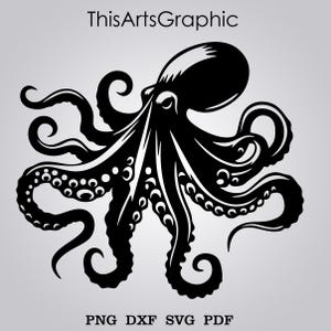 May include: Black and white graphic of an octopus with detailed tentacles and suckers. The text "ThisArtsGraphic" is at the top, and "PNG DXF SVG PDF" is at the bottom.