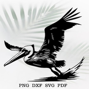 Puede incluir: Silueta en blanco y negro de un pelícano en vuelo con las alas extendidas. El pelícano vuela bajo sobre el suelo con el pico abierto.
