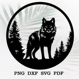 May include: Black silhouette of a wolf standing in a circle with two pine trees behind it. The image is on a white background with a green leafy pattern.