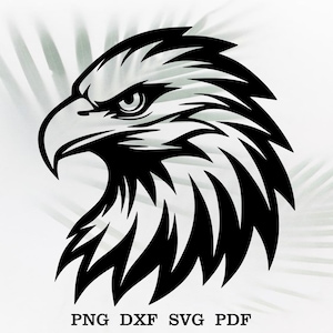 Op de afbeelding: Zwart-witte silhouet van een adelaarskop met een woeste uitdrukking. De veren van de adelaar zijn gedetailleerd en de snavel is scherp.