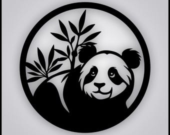 May include: Black and white panda bear illustration with bamboo leaves inside a circular frame. The text "ThisArtsGraphic" is at the top, and "PNG DXF SVG PDF" is at the bottom.