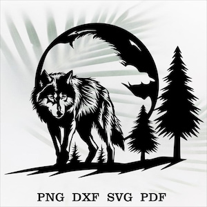 Vargscen dxf, djur klippfil för laser, dxf plasma, cnc, metallväggdekor, svg för Cricut, dekalpappersklippmall, träkonst, graverad