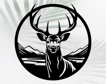 May include: Black and white silhouette of a deer's head with antlers, set against a mountain landscape within a circular frame.