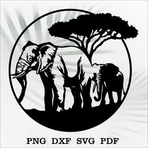 Escena de elefante dxf, archivo de corte de safari para plasma láser, decoración de metal cnc, svg para Cricut, plantilla de calcomanía de corte de papel, silueta salvaje de África cnc