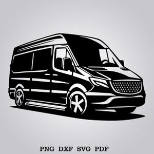 May include: A black and white silhouette of a large van with sliding doors. The van has a large front grill and a large windshield.