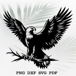 May include: A black and white silhouette of an eagle with its wings spread wide, perched on a branch. The eagle is facing to the right, with its head turned to the left. The image is set against a white background.