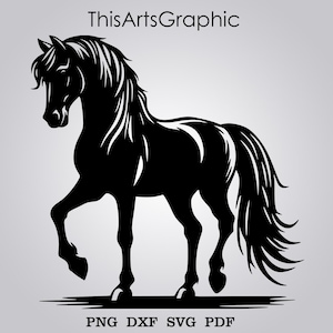May include: A black silhouette of a horse in a graceful pose, with its front leg raised. The image includes the text "ThisArtsGraphic" at the top and file type options: PNG, DXF, SVG, and PDF at the bottom.
