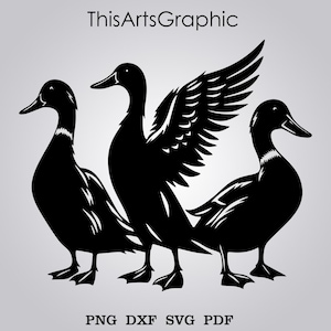 May include: Black silhouette graphic of three ducks. One duck has its wings spread, while the others stand with their heads up. The text "ThisArtsGraphic" is at the top, and "PNG DXF SVG PDF" is at the bottom.