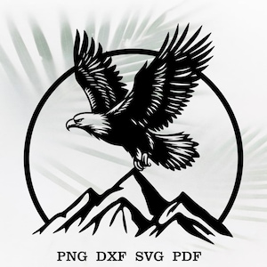 May include: Black and white silhouette of an eagle soaring above a mountain range. The eagle is in flight with its wings spread wide. The mountains are jagged and rocky. The image is set against a white background.