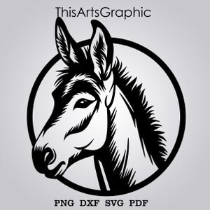Puede incluir: Gráfico en blanco y negro de la cabeza de un burro de perfil, encerrada en un marco circular. La imagen incluye el texto "ThisArtsGraphic" en la parte superior y las opciones de tipo de archivo: PNG, DXF, SVG y PDF en la parte inferior.