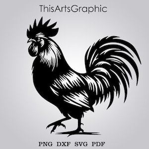 May include: A black and white graphic of a rooster in profile, with detailed feathering and a prominent comb. The image includes the text "ThisArtsGraphic" at the top and "PNG DXF SVG PDF" at the bottom, indicating file formats.