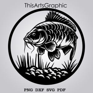 May include: Black and white graphic of a carp fish jumping out of the water, enclosed in a circular frame. The image includes the text "ThisArtsGraphic" at the top and "PNG DXF SVG PDF" at the bottom. The carp is detailed with scales and fins.