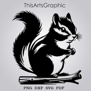 May include: A black and white graphic of a chipmunk sitting on a log. The chipmunk is facing right, with its paws clasped together. The text "ThisArtsGraphic" is at the top, and "PNG DXF SVG PDF" is at the bottom.