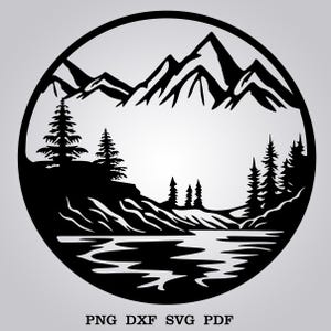 May include: Black and white silhouette of a mountain range with a lake in the foreground. The mountains are in the shape of a circle. There are trees on both sides of the lake.