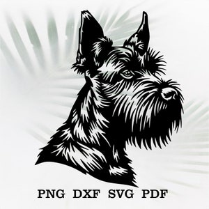 Könnte beinhalten: Schwarz-weiße Silhouette eines Schnauzer-Hunde-Kopfes. Der Hund hat einen langen, buschigen Bart und einen ernsten Ausdruck.