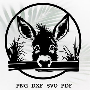 May include: Black and white silhouette of a donkey's head peeking over a wooden fence. The donkey is in a circle with a green background.