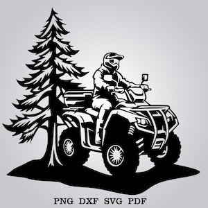 May include: A black and white illustration of a person riding an ATV. The ATV is detailed with visible wheels, a front bumper, and a seat. A large pine tree is to the left of the ATV. The image includes the text: PNG, DXF, SVG, PDF.