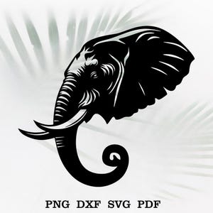 May include: Black silhouette of an elephant's head with a curled trunk. The elephant's head is facing the right side of the image. The background is a white and grey gradient.