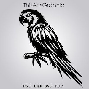 Puede incluir: Gráfico en blanco y negro de un loro posado en una rama. El loro está de perfil, con plumas detalladas y un pico prominente. El texto "ThisArtsGraphic" está encima del loro, y "PNG DXF SVG PDF" debajo.