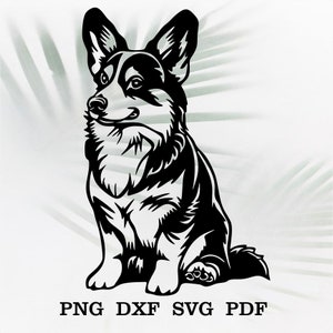 May include: Black and white silhouette of a corgi dog sitting with its head tilted to the side. The dog is looking to the left of the image.