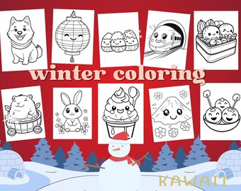 May include: A collection of winter-themed coloring pages with kawaii illustrations, including a dog, lantern, train, and snowman. The words "winter coloring" are displayed in a decorative font. The background is red with a winter landscape.