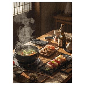 Peut inclure: Une table en bois garnie d'un repas japonais. Un pot noir fumant de légumes est posé près d'un plateau de sushis et d'une bouteille de saké. Des baguettes, de petits bols et une théière sont également sur la table.