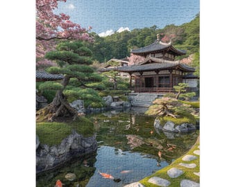 May include: A completed jigsaw puzzle showing a tranquil Japanese garden. The image includes a traditional wooden temple, a pond with koi carp, verdant foliage, and cherry blossoms under a blue sky.