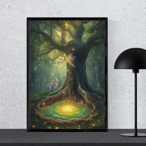 以下が含まれることがあります： 大きな木、妖精、輝く水たまりのあるファンタジーシーンを描いた額入りのアートプリント。このアートワークは、葉を通して光が差し込む緑豊かな森を特徴としています。妖精が飛んでおり、気まぐれなタッチを加えています。