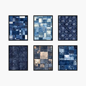 以下が含まれることがあります： 藍染めのテキスタイルアートプリント6枚。各プリントは、青と白の色合いのユニークなパッチワークデザインを特徴とし、一部はステッチパターンを組み込んでいます。黒いフレームは、まとまりのあるギャラリーウォールの美しさを生み出しています。