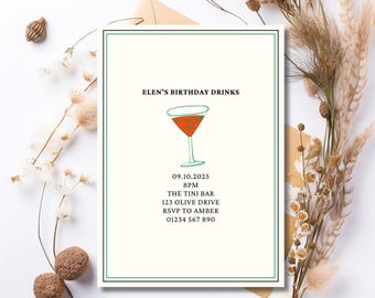 Minimalistic Martini Birthday Party Invitation | Editable Cocktail Party Invite | Printable Canva Template | Instant Digital Download