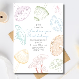 May include: A white invitation card with a mushroom theme. The card has a blue, green, and pink mushroom illustration with the text "Join us to celebrate Audrey's Birthday" and details for the party.