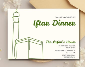 May include: A white invitation card with green text and a line drawing of a mosque. The text reads "You are invited to an Iftar Dinner, The Lafou's House, 123 Minaret Avenue, Essaouira, Saturday 27th March, 8 O'Clock, RSVP to Fatima, 01234 567 890".