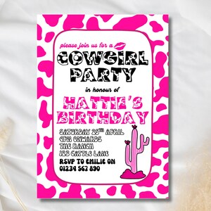 Convite para Festa de Aniversário de Cowgirl Rosa | Convite Editável para Festa de Rodeio | Yee Haw Evite | Modelo para Imprimir no Canva | Download Digital Instantâneo