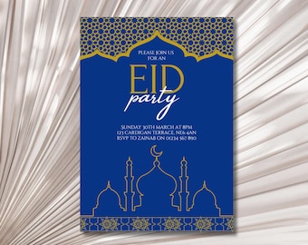 Puede incluir: Invitación a una fiesta de Eid de color azul y dorado con un intrincado patrón geométrico y una silueta de una mezquita. El texto dice "Por favor, únase a nosotros para una fiesta de Eid, domingo 30 de marzo a las 8 pm, 123 Cardigan Terrace, NE6 4AN, RSVP a Zainab en el 01234 567 890".