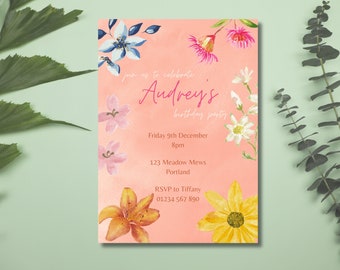 Invitación de cumpleaños con flores de acuarela / Invitación editable con flores silvestres / Plantilla imprimible de Canva / Descarga digital instantánea